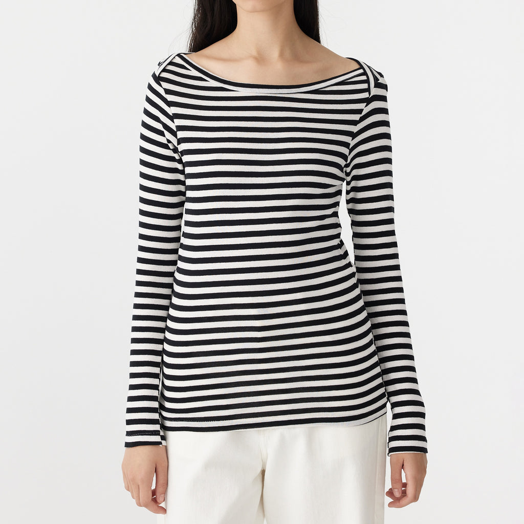 Bassike / Stripe Envelope Neck Rib Top / Black + White