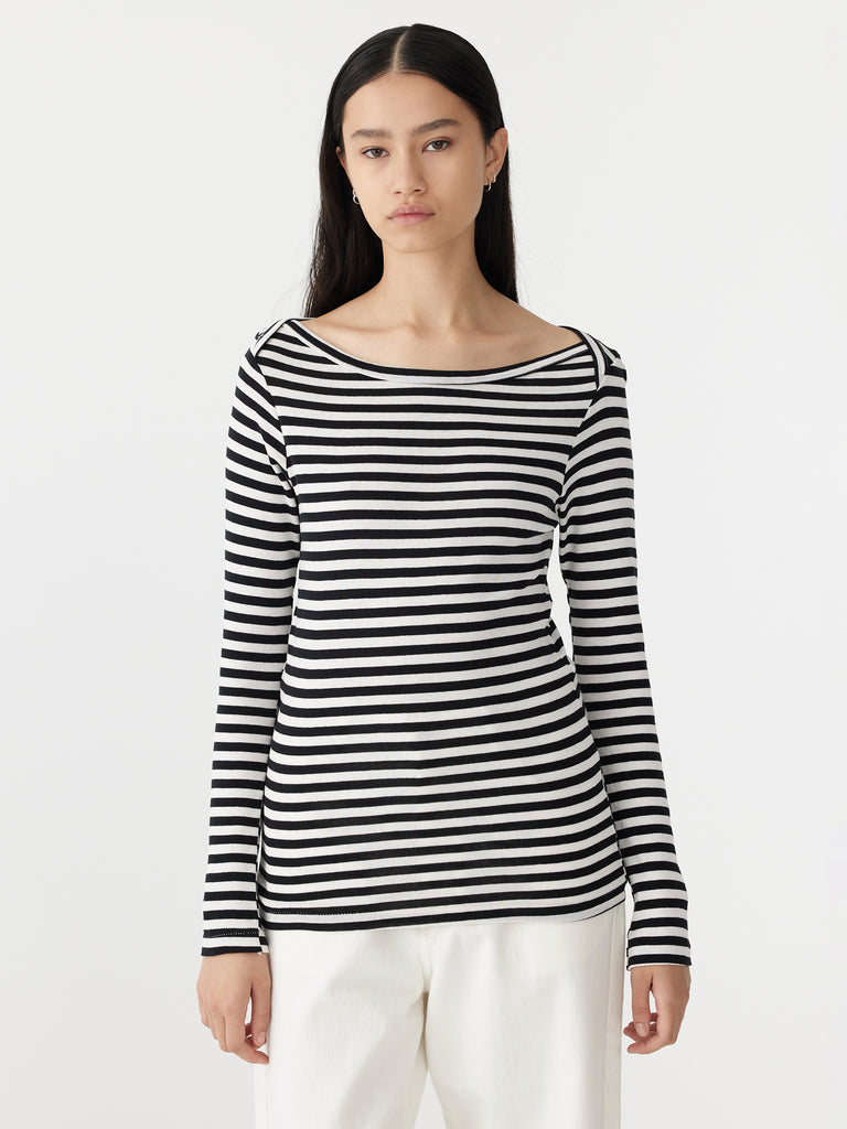 Bassike / Stripe Envelope Neck Rib Top / Black + White