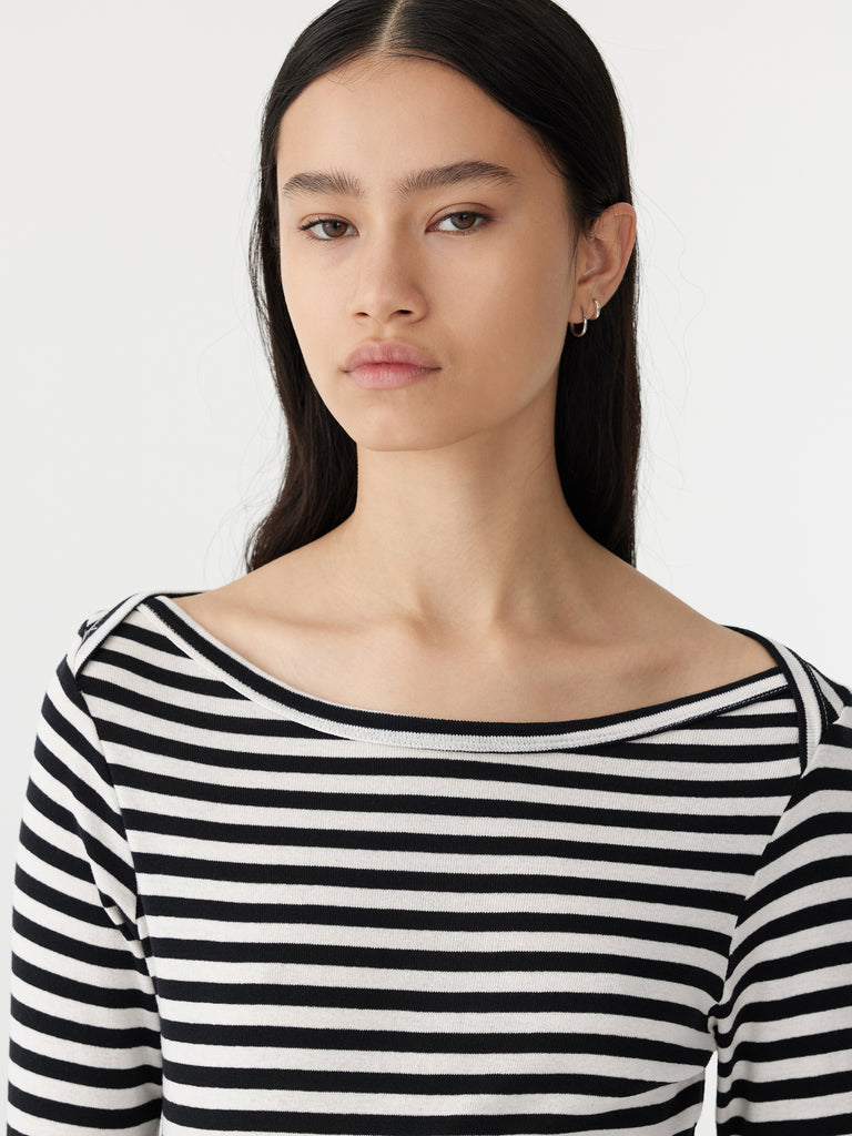 Bassike / Stripe Envelope Neck Rib Top / Black + White