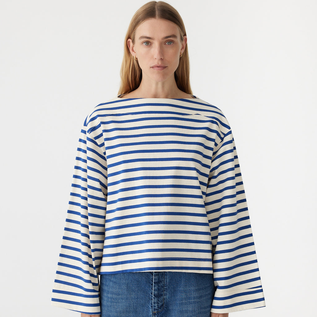 Bassike / Stripe Boatneck Long Sleeve T-Shirt / Natural + Cobalt