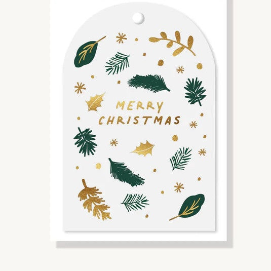 Elm / Gift Tag /  Merry Christmas / Green + Gold Leaf