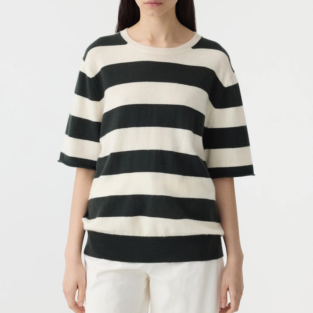 Bassike / Stripe Merino Cashmere Knit / Natural + Kelp