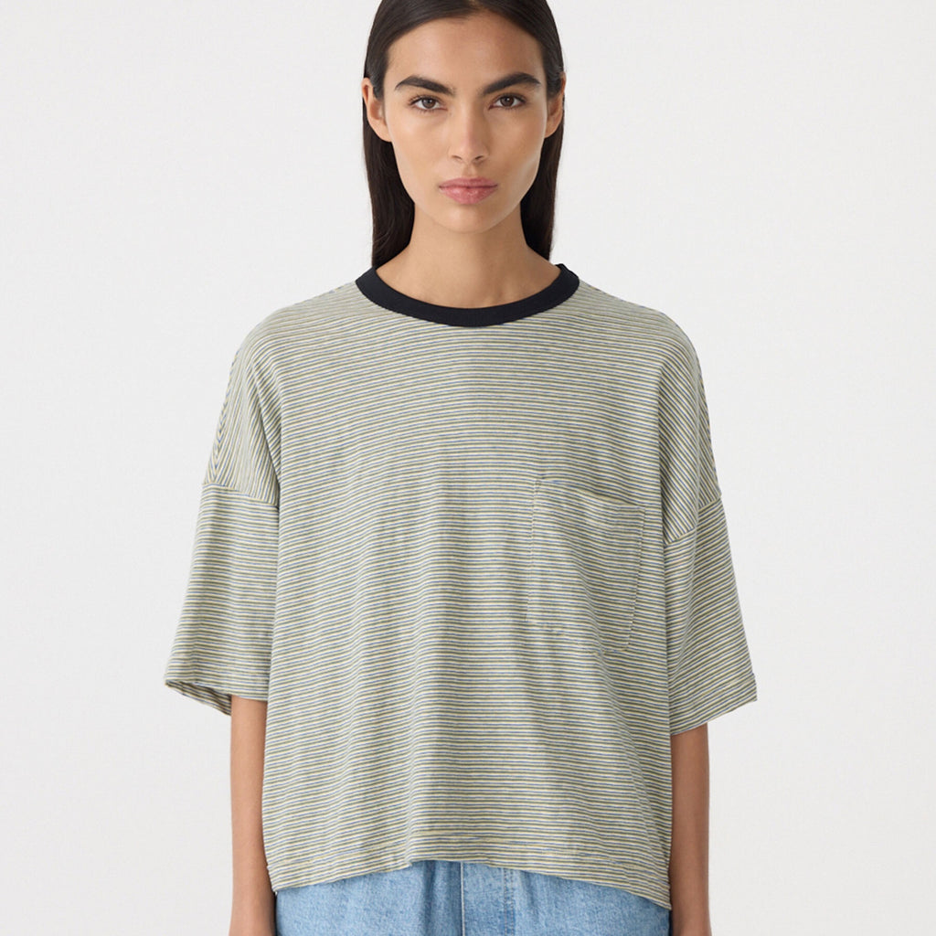 Bassike / Stripe Boxy Pocket T-Shirt / Green + Blue + White