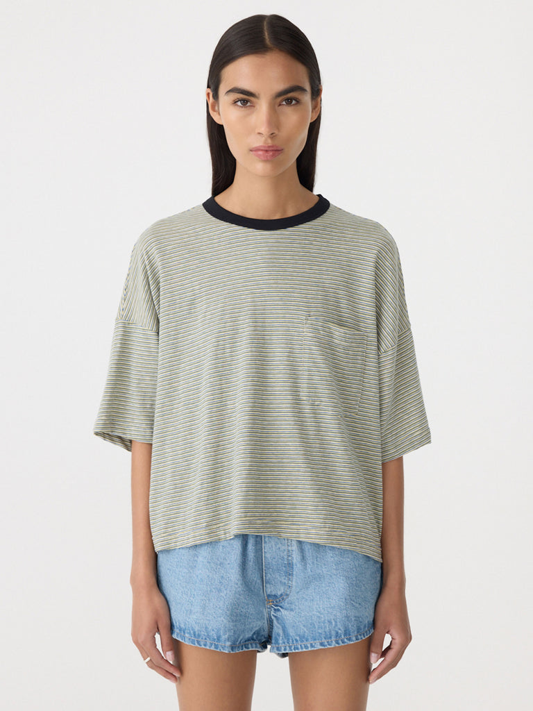 Bassike / Stripe Boxy Pocket T-Shirt / Green + Blue + White