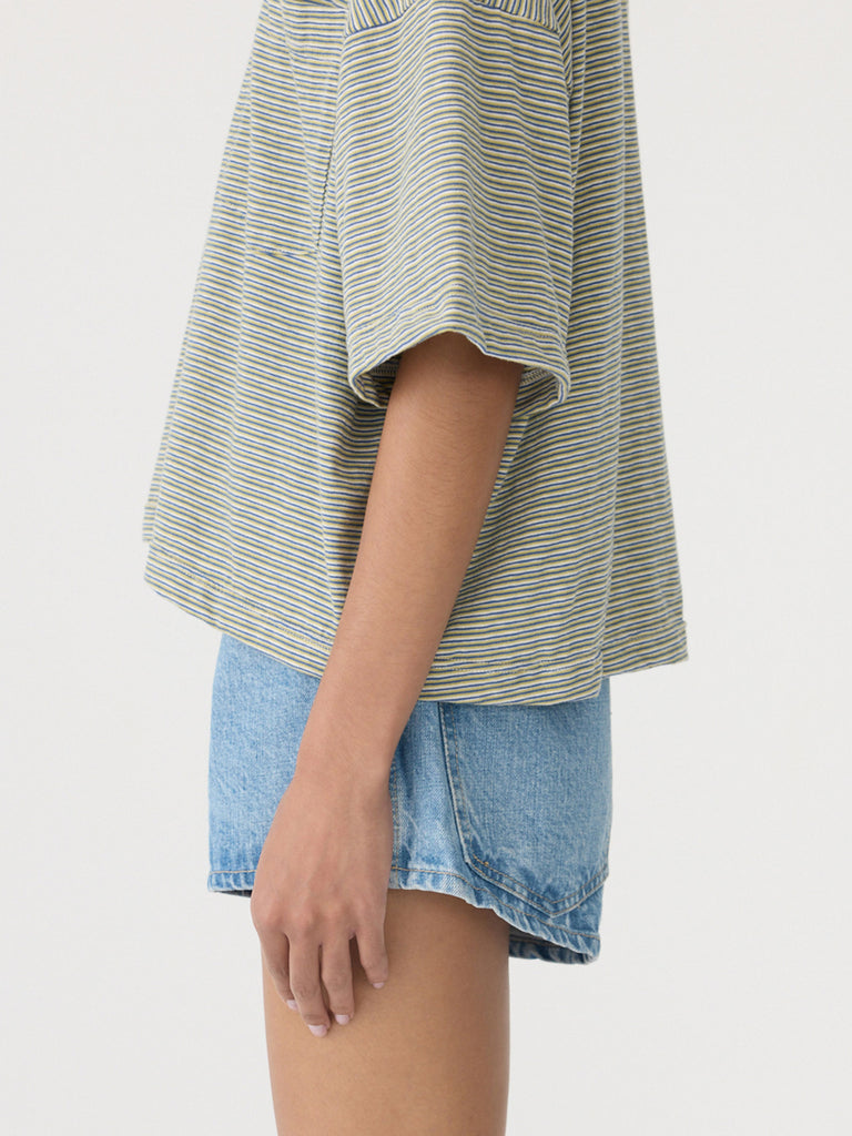 Bassike / Stripe Boxy Pocket T-Shirt / Green + Blue + White