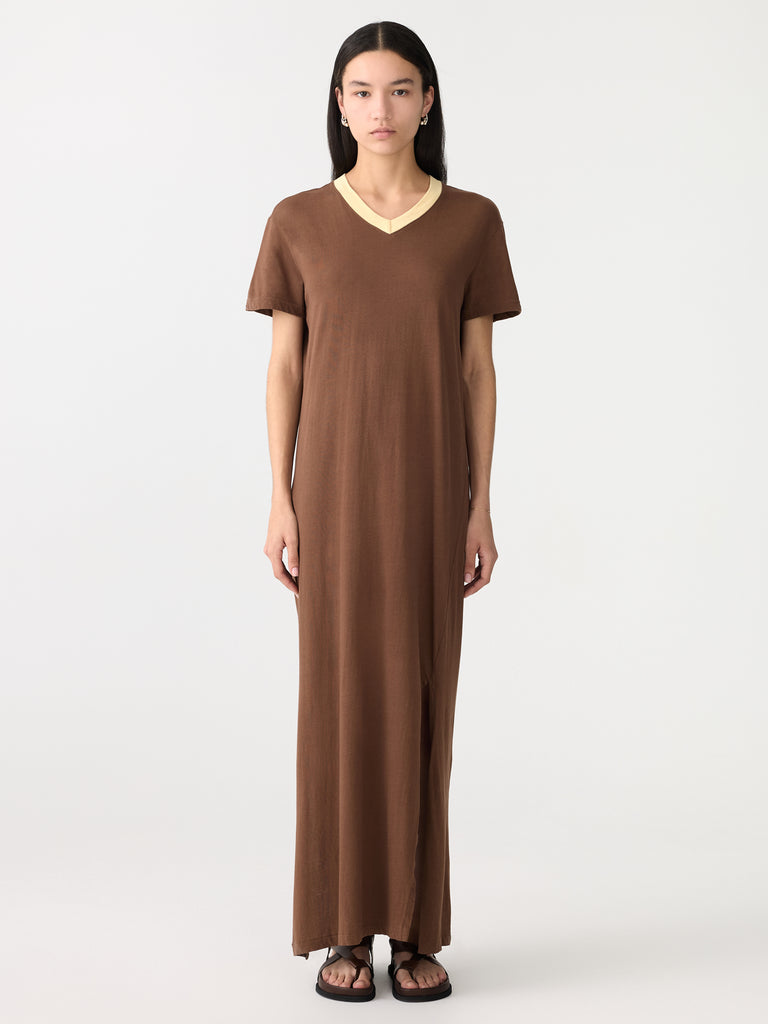 Bassike / V-Neck Longerline T-Shirt Dress / Chocolate Brown + Lemon Glaze