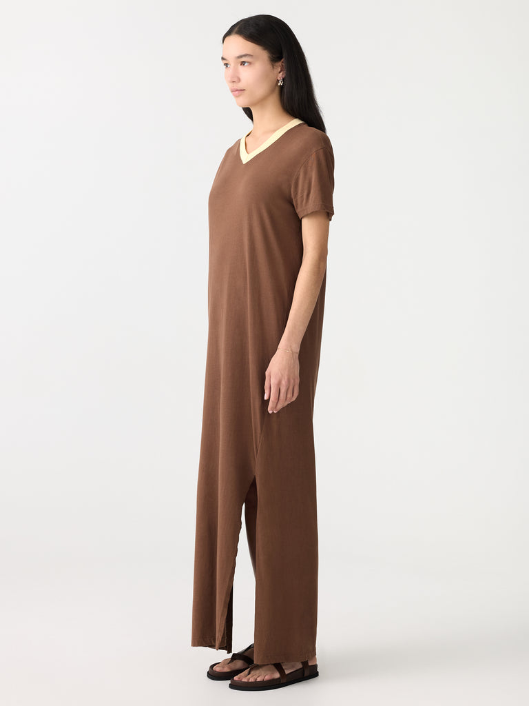 Bassike / V-Neck Longerline T-Shirt Dress / Chocolate Brown + Lemon Glaze