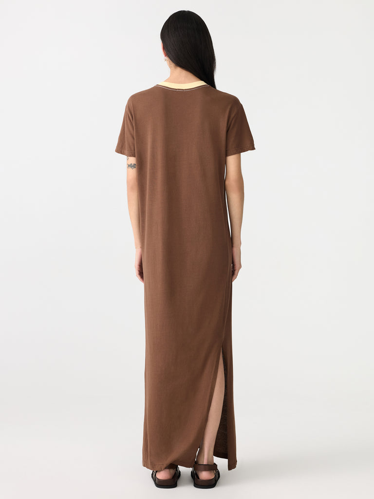 Bassike / V-Neck Longerline T-Shirt Dress / Chocolate Brown + Lemon Glaze