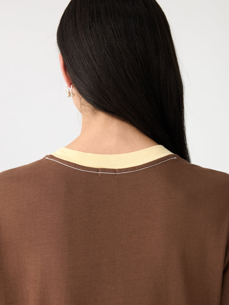 Bassike / V-Neck Longerline T-Shirt Dress / Chocolate Brown + Lemon Glaze
