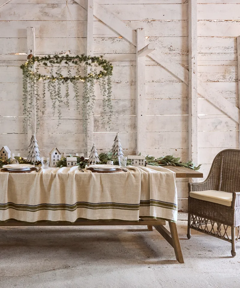 Stripe Linen Tablecloth / Natural + Green