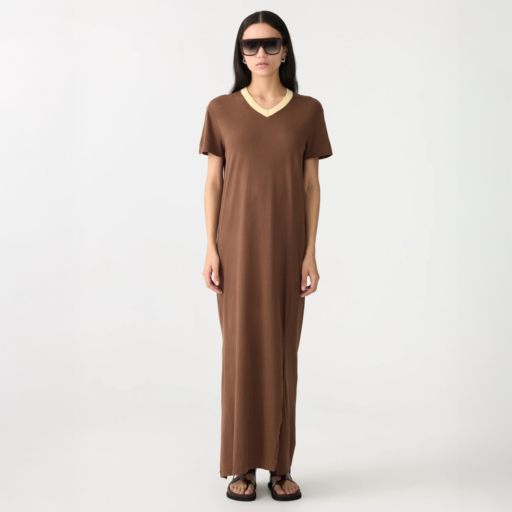 Bassike / V-Neck Longerline T-Shirt Dress / Chocolate Brown + Lemon Glaze