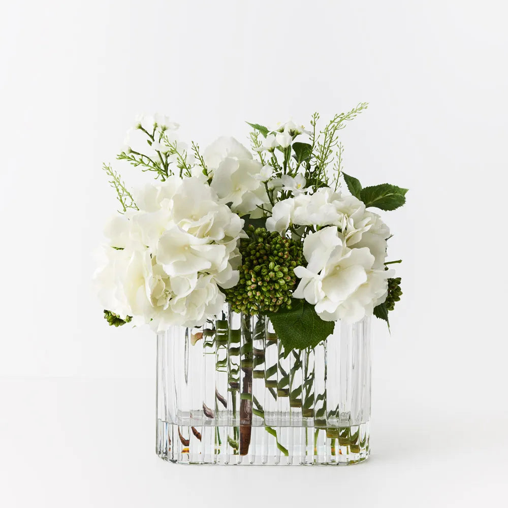 Hydrangea Larkspur Arangement /  Ribbed Glass Vase